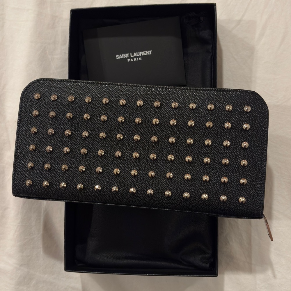 Saint Laurent Black Zip-Around Wallet with Silver Studs